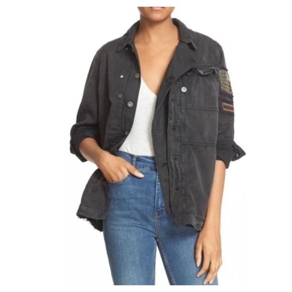 Free People Embellished Black Military Utilitarian Shirt Jacket Eagle Size M - Picture 3 of 15